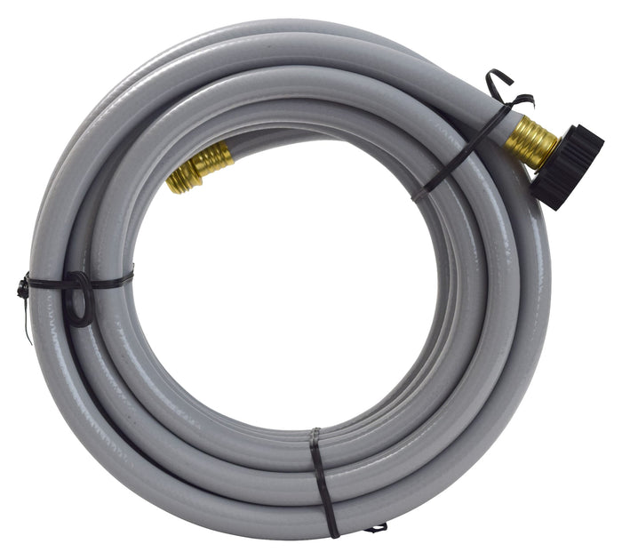 Gray PVC RV Flushing Hose Coiled with Brass Fittings - Front View | United RV Parts