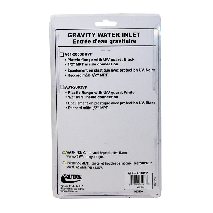 Valterra Gravity Water Inlet A01-2003VP Package Back - Product Information | United RV Parts