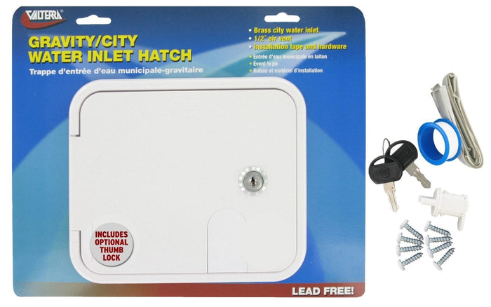 White Valterra Gravity City Water Inlet Hatch A01-2000VP - Front Packaging View | United RV Parts