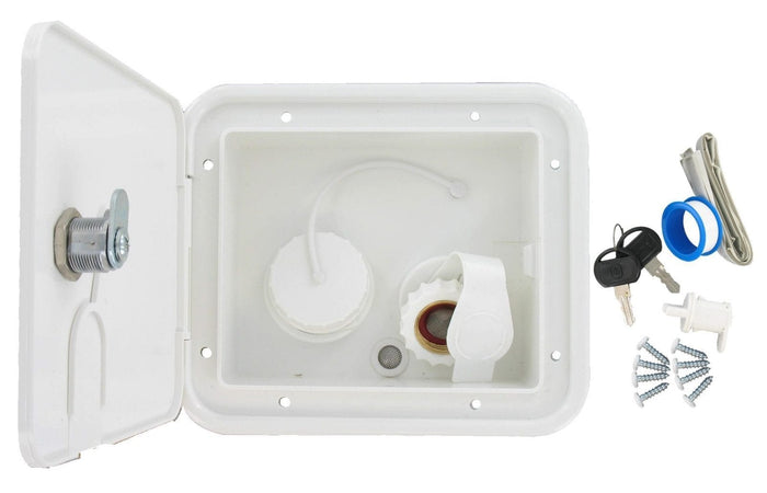 White Valterra RV Water Inlet Hatch Open - Brass City Inlet & Gravity Fill Detail | United RV Parts