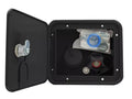 Black Plastic RV Water Inlet Hatch Open Showing Hardware - A01-2004BKVP | United RV Parts