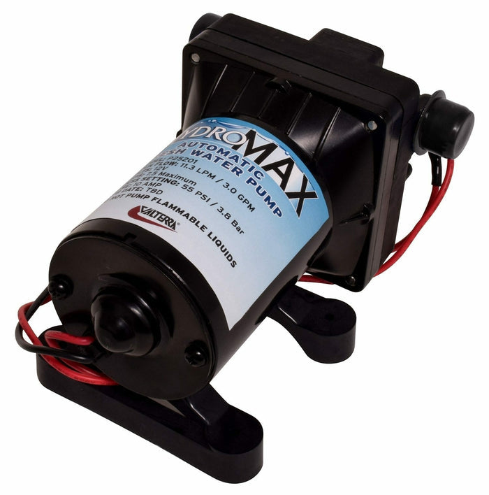 Black Valterra Hydromax 12V Water Pump - Side Profile View | United RV Parts
