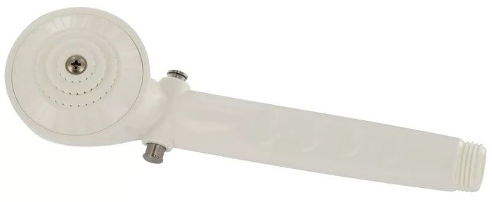 White Plastic Handheld RV Shower Head with Trickle Switch - Side View | United RV Parts