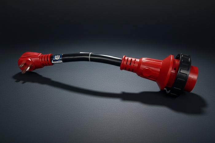 Red Valterra A10-1530D 15A to 30A RV Power Cord Adapter - Full Side View | United RV Parts