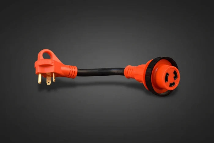 Orange Valterra 30 Amp RV Power Cord Detach Adapter Male Plug & Locking Female - Angle View | United RV Parts