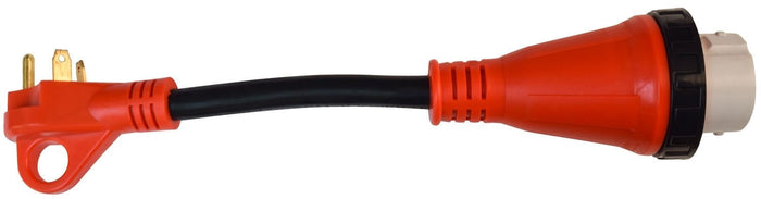 Orange Valterra 30A to 50A RV Electrical Adapter A10-3050HD 12-Inch Dogbone - Profile View | United RV Parts