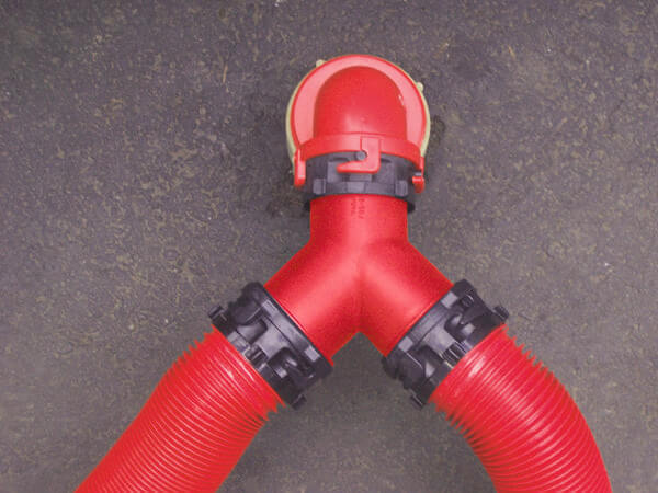 Red RV Sewer Hose Wye F02-2030 with Connected Hoses - Top View | United RV Parts