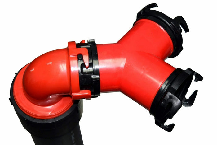 Red Valterra Sewer Hose Wye Connector - Angled View Detail | United RV Parts