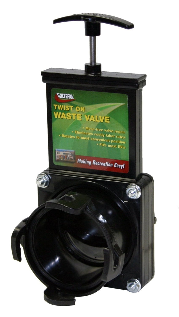 Black Valterra T58 Twist-On RV Sewer Hose Safety Dump Valve - Front View | United RV Parts