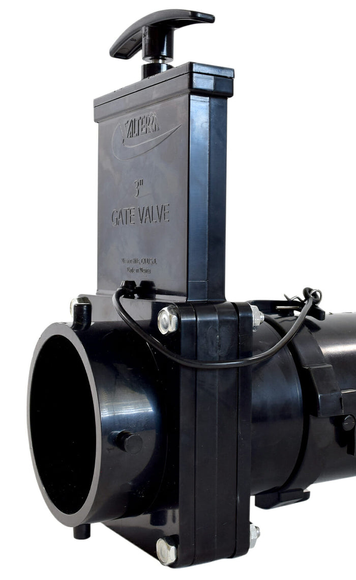 Black ABS Valterra T58 3 Inch Gate Valve - Side Angle View | United RV Parts