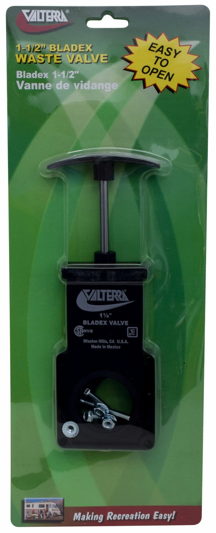 Black Valterra 1-1/2 Bladex Waste Valve - Package View | United RV Parts