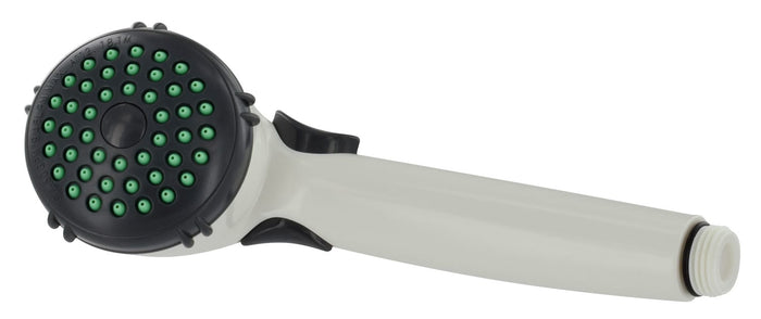 White Valterra PF276038 RV Handheld Shower Head - Side Profile showing green spray nozzles | United RV Parts
