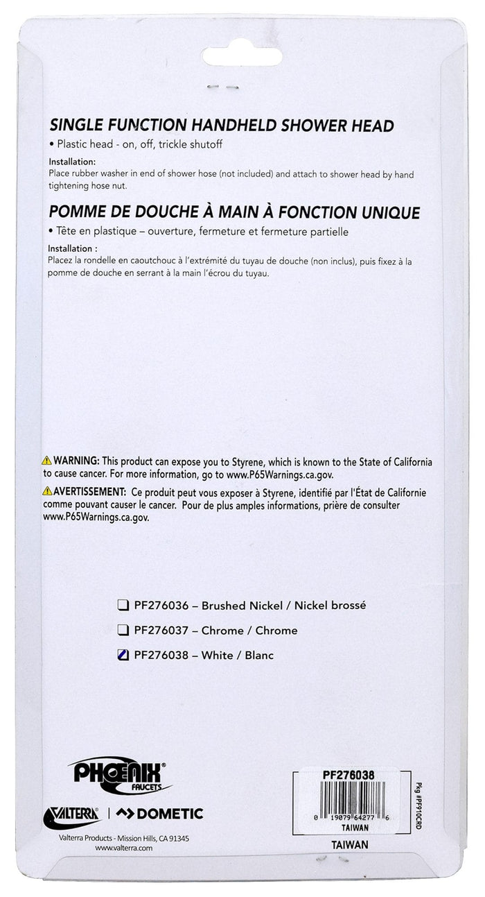 Valterra PF276038 White RV Shower Head packaging back with installation instructions and part number | United RV Parts