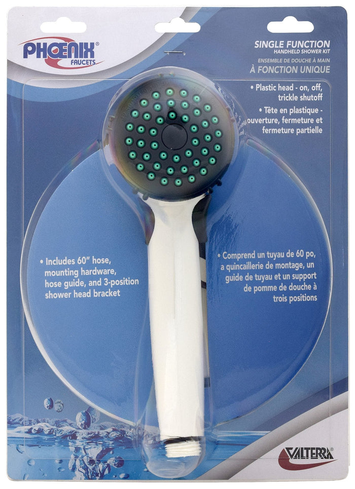 White Valterra Phoenix Single Function RV Handheld Shower Kit PF276046 - Front Packaging | United RV Parts
