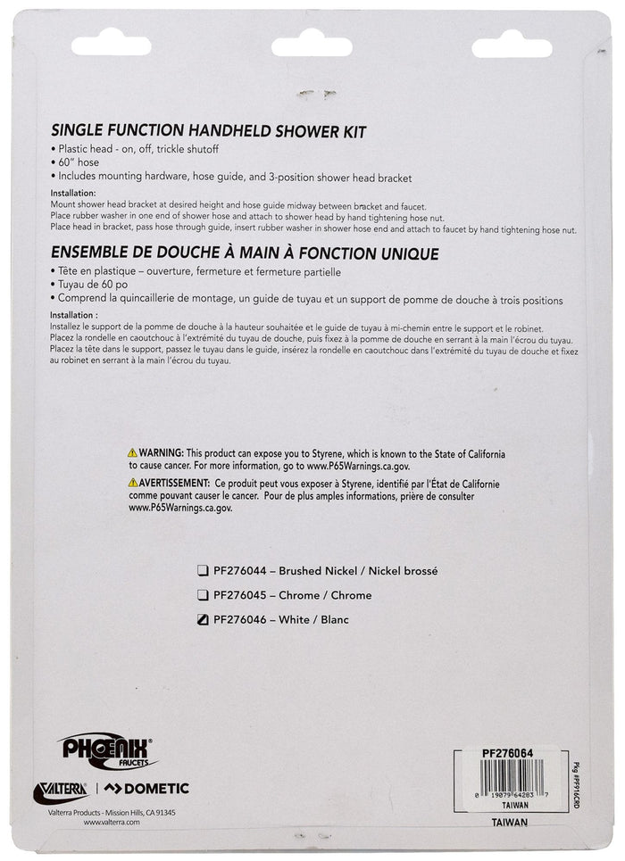 Valterra RV Shower Kit PF276046 - Package Back with Installation Instructions | United RV Parts