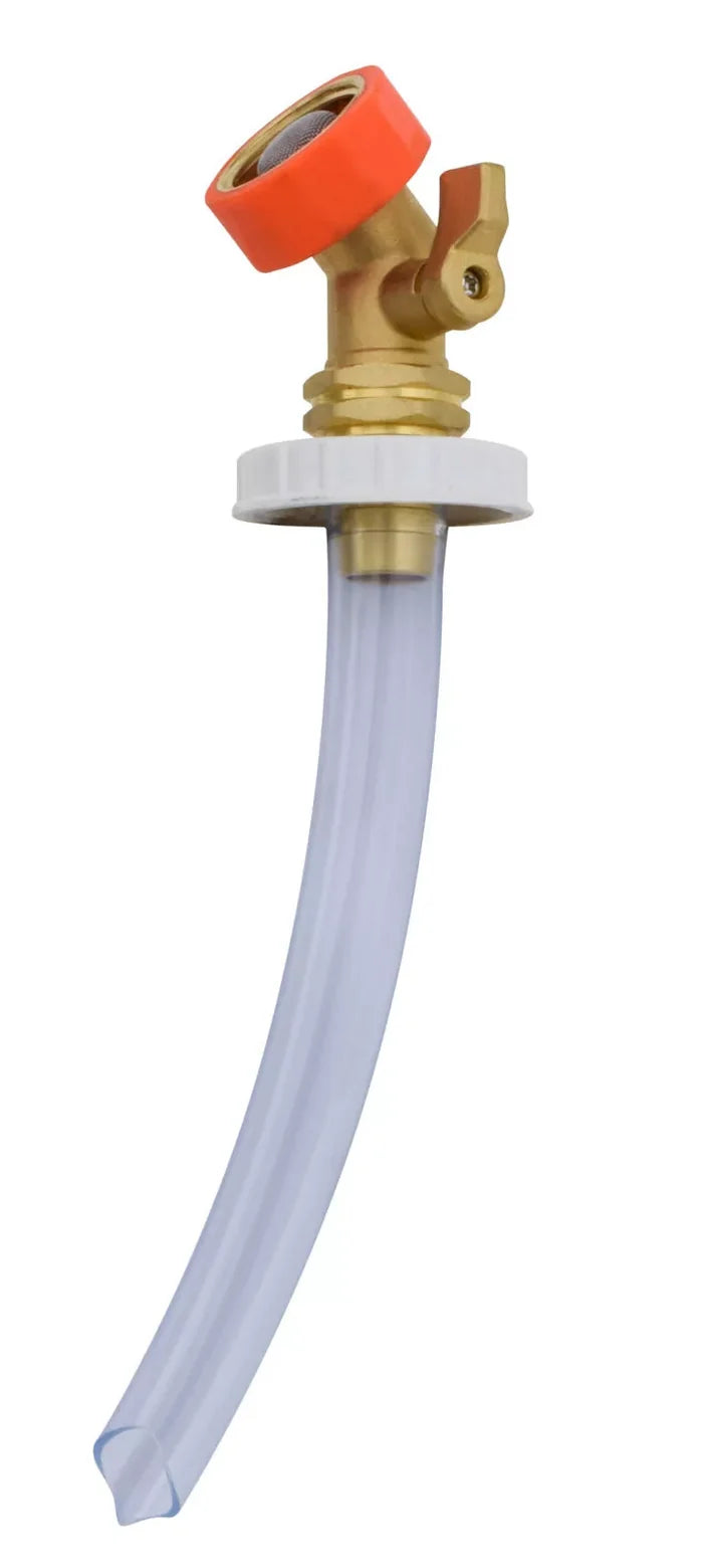 Brass Fresh Water Tank Filler with Orange Cap and Clear Hose - Side View | United RV Parts