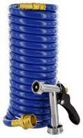 Blue Coiled Spray Hose with Chrome Nozzle - Fully Extended View | United RV Parts