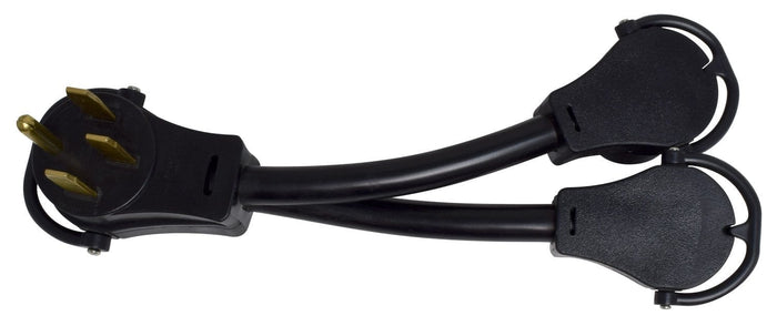 Black Valterra Y-Adapter 50A to Dual 30A Power Cord - Top View | United RV Parts