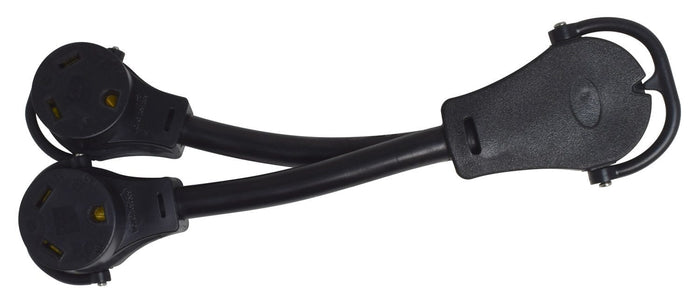 Black Valterra Y-Adapter 50A to Dual 30A - Female Outlet View | United RV Parts