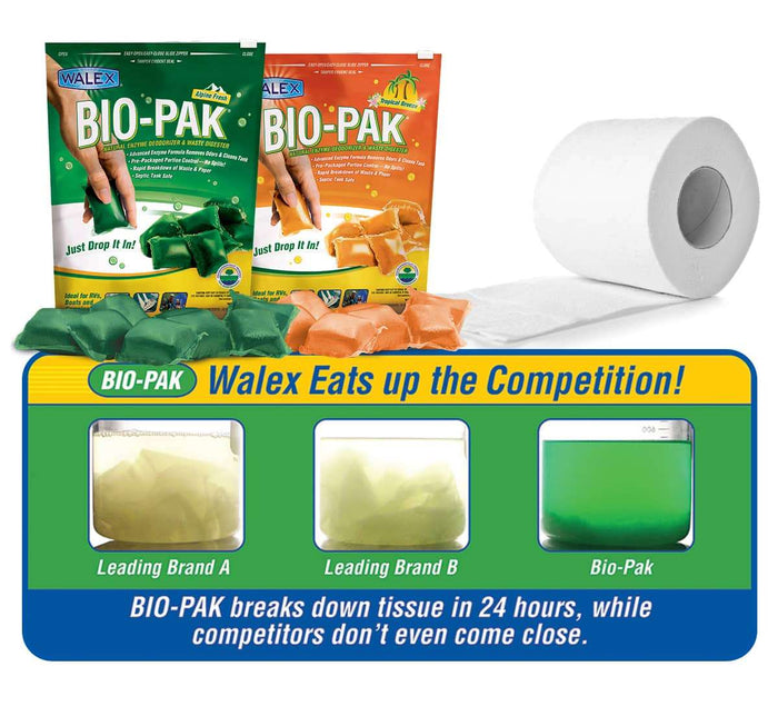 Walex Bio-Pak Tissue Dissolve Comparison - Alpine Fresh vs Competitors 24-Hour Test | United RV Parts