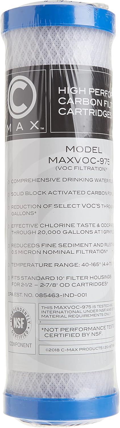 White Carbon Block Water Filter Cartridge MAXVOC-975RV - Product Label View | United RV Parts