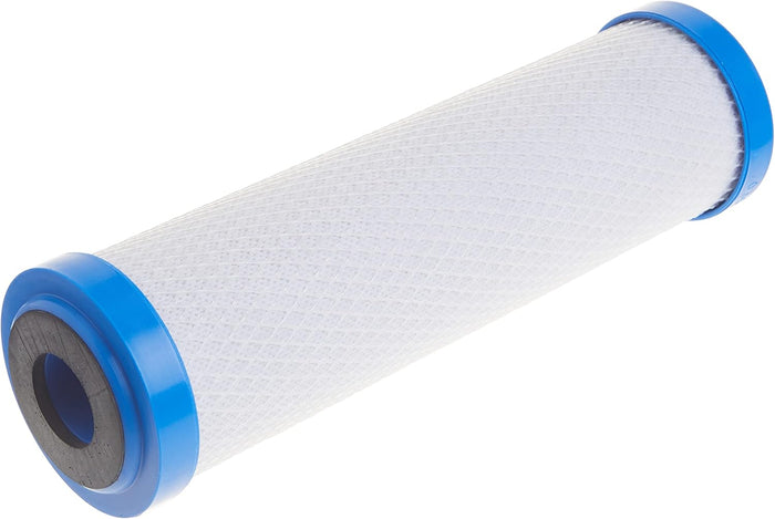 White Carbon Block Water Filter Cartridge with Blue Caps - Angled View | United RV Parts
