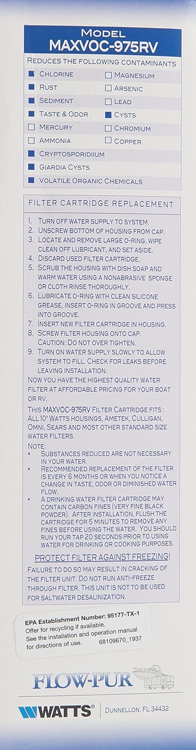 MAXVOC-975RV Water Filter Installation Instructions - Package Back Panel | United RV Parts