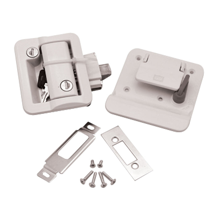 White Wesco RV Entry Door Lock 43610-09 Complete Kit with Hardware - Flat Lay | United RV Parts