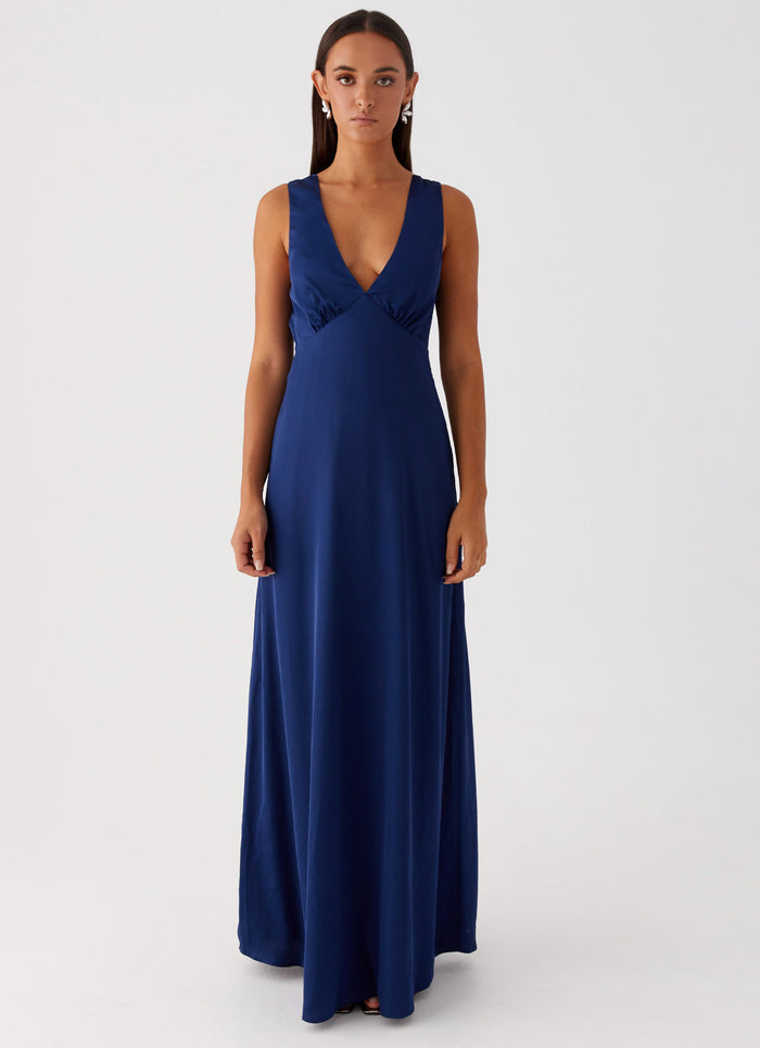 Womens Winnie Cowl Back Maxi Dress in the colour Navy in front of a light grey background